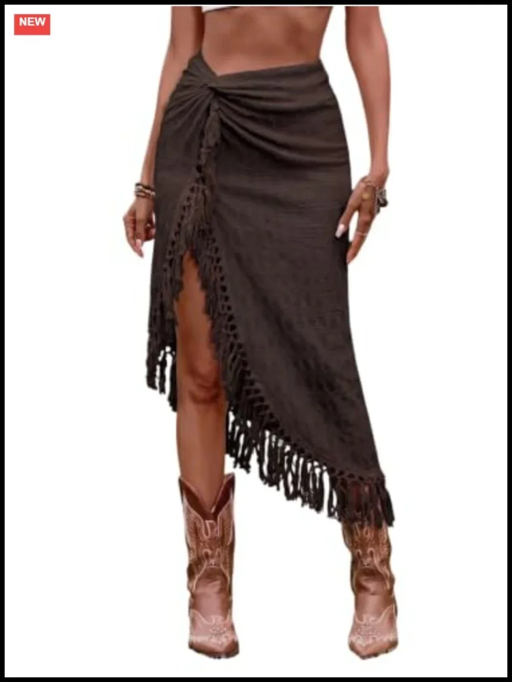 Women's Twist Front Slit Boho Fringe Tassel Midi Skirt, High Waisted,